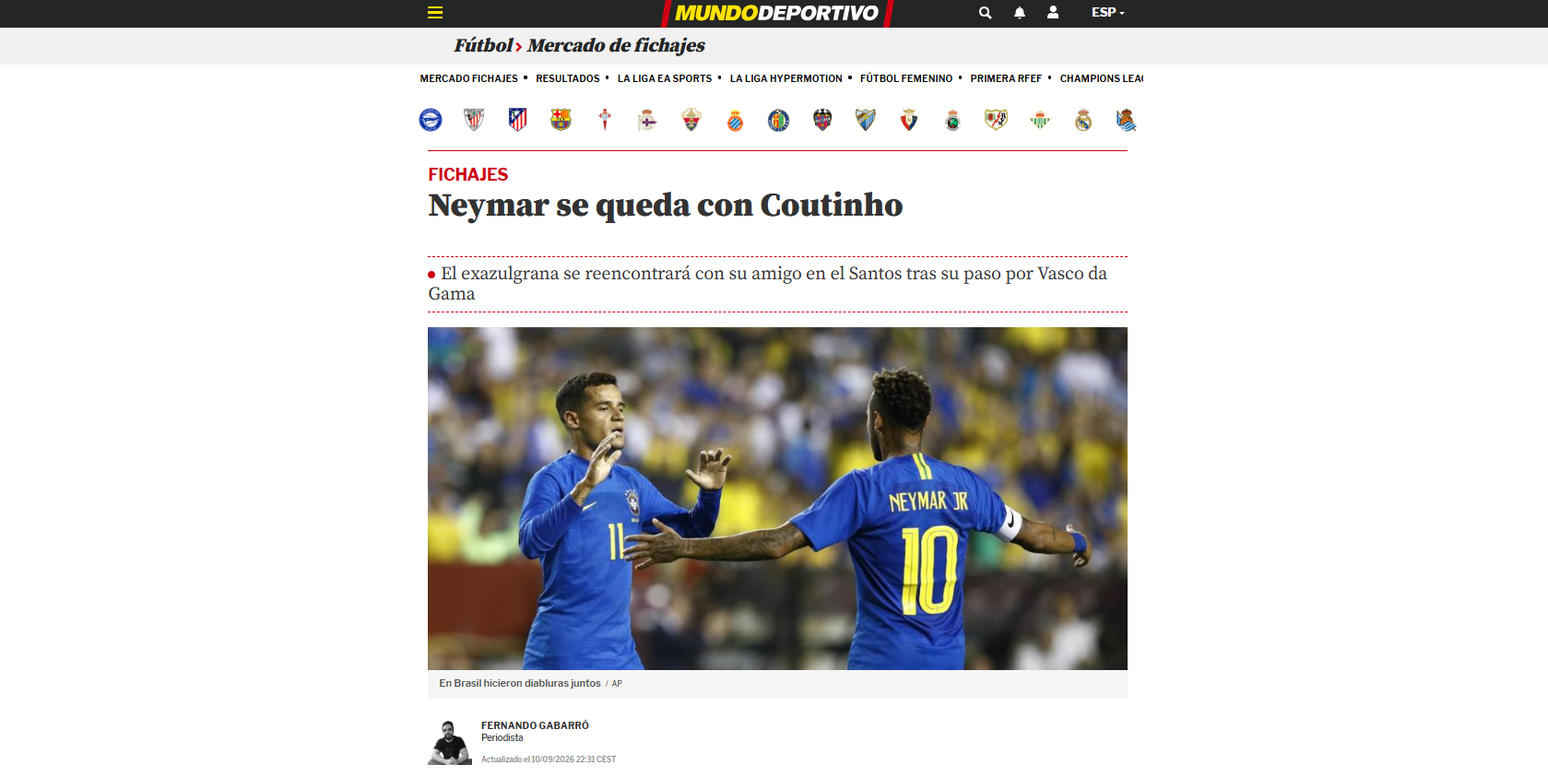 Imprensa internacional destaca poss&iacute;vel acerto entre Coutinho e Santos